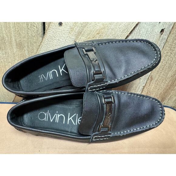 Calvin Klein Men's Sz 11.5 M Magnus Black Leather Emboss Slip On Loafers Flats - Picture 10 of 10